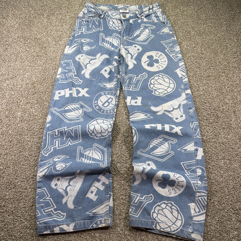 NBA UNK All Over Print Jeans Light Wash Classic Baggy Denim Boot Cut 30X30 Rare